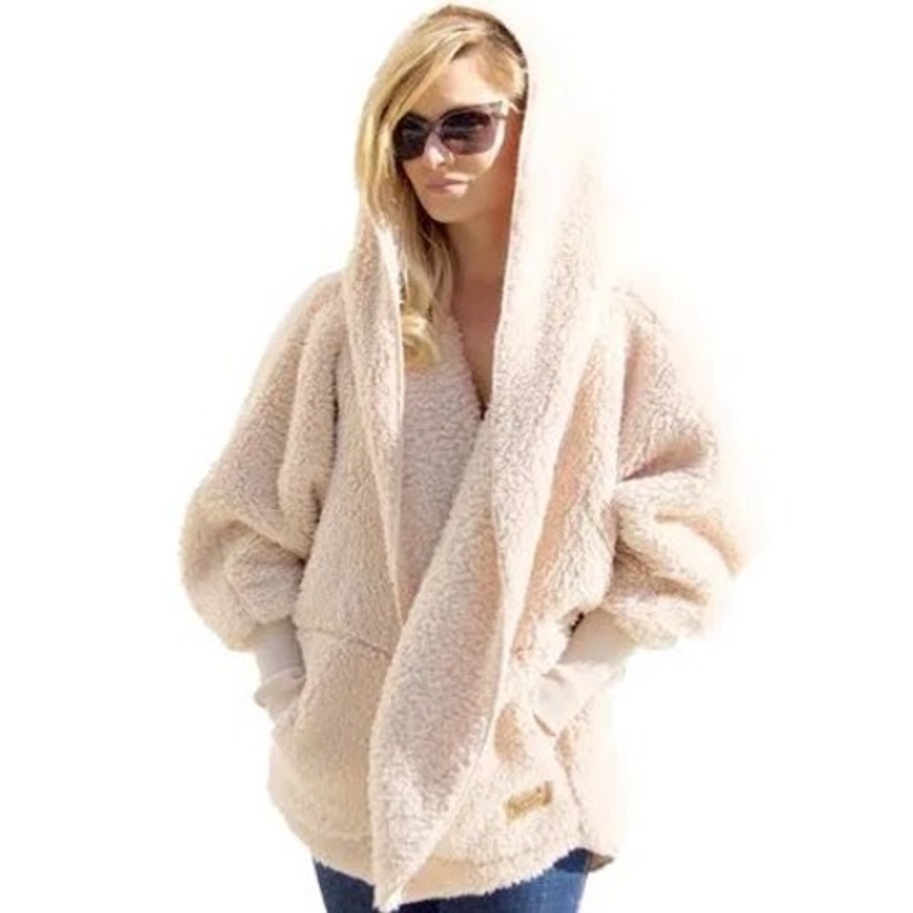 Nordic Beach Fluffy Frappe Body Wrap Cream Sherpa Hooded Cardigan One Size NWT